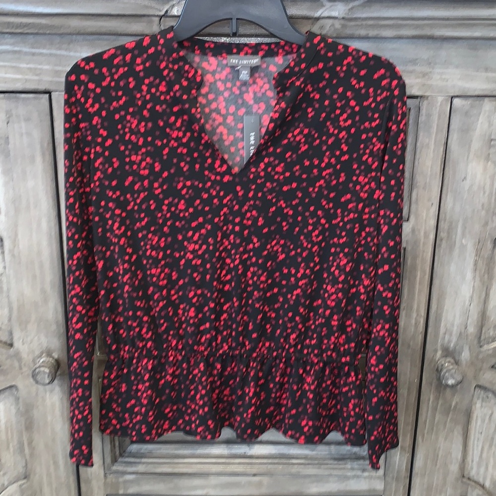 NWT THE LIMITED Petite Black/Red Abstract Print Long Sleeve Ruffle Blouse (SP)